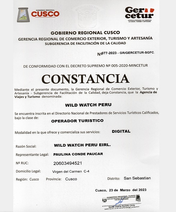 constancia-gercetur_ Wild watch Peru-2023